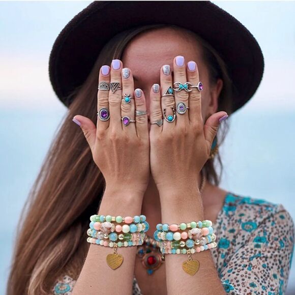 4pcs Beaded Bracelet Jewelry Set Multilayer Boho Charm Bracelet Pack Turquoise - Picture 1 of 6